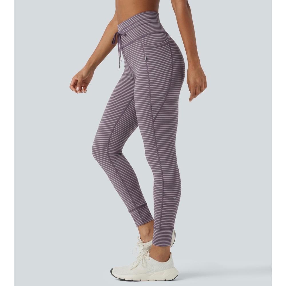 Halara Womens High Waisted Striped Yoga Leggings Pockets Purple Small 7/8 Length